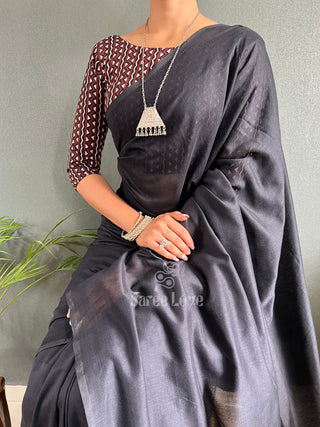 Black Cotton Saree With Abstract Print Blouse