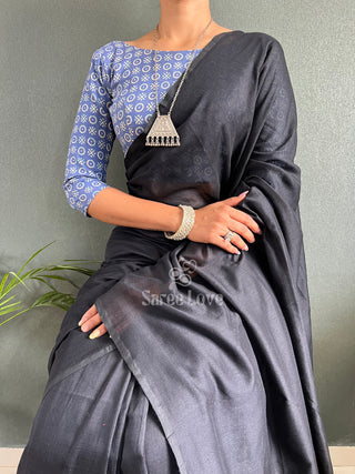 Black Cotton Saree With Blue Printed Blouse