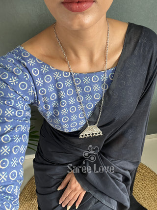 Black Cotton Saree With Blue Printed Blouse