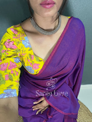 Purple Saree With Yellow Floral Print Blouse