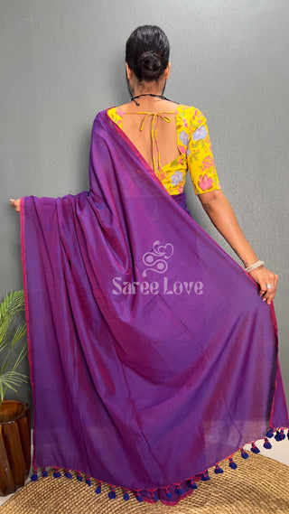 Purple Saree With Yellow Floral Print Blouse