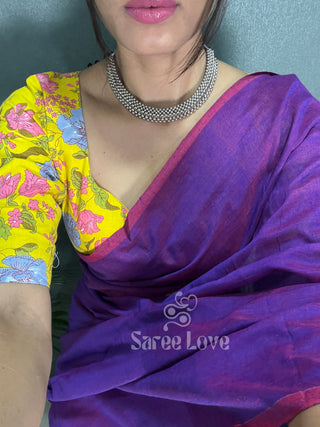 Purple Saree With Yellow Floral Print Blouse