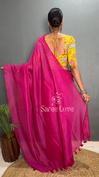 Pink Saree With Yellow Floral Print Blouse