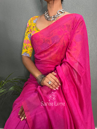 Pink Saree With Yellow Floral Print Blouse