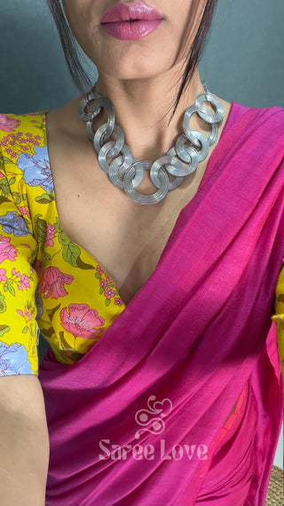 Pink Saree With Yellow Floral Print Blouse