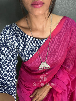 Pink Saree With Blue Printed Blouse