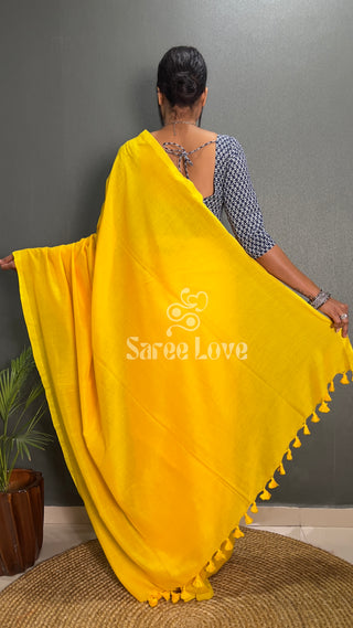 Yellow Saree With Blue Printed Blouse