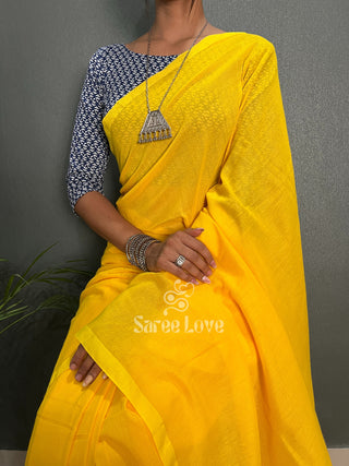 Yellow Saree With Blue Printed Blouse