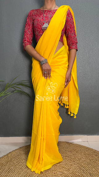 Yellow Saree With Red Printed Blouse