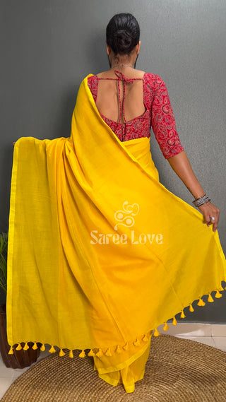 Yellow Saree With Red Printed Blouse