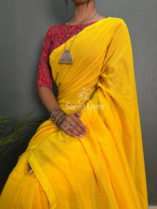 Yellow Saree With Red Printed Blouse