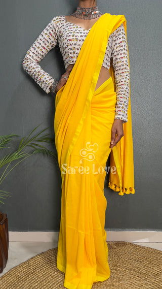 Yellow Saree With White Camel Print Blouse