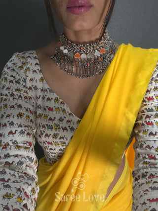 Yellow Saree With White Camel Print Blouse