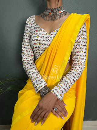 Yellow Saree With White Camel Print Blouse