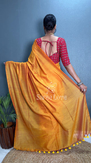 Orange Saree With Red Printed Blouse