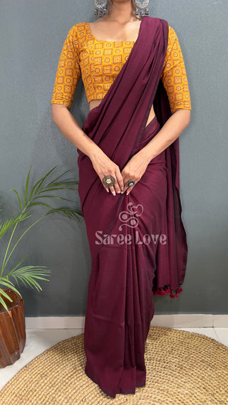 Dark Maroon Saree With Yellow Printed Blouse