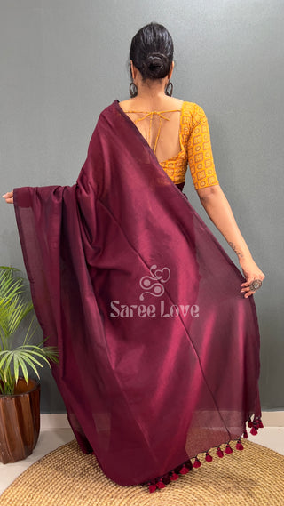 Dark Maroon Saree With Yellow Printed Blouse