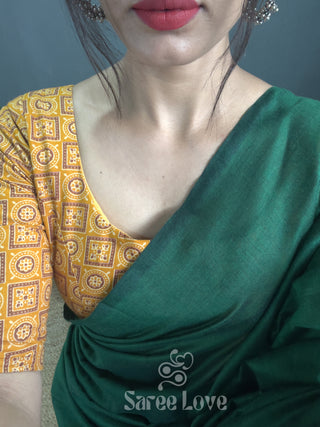 Green Saree With Yellow Printed Blouse