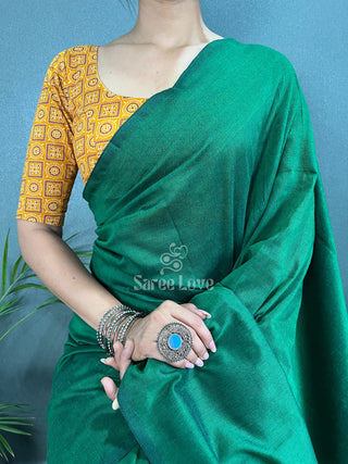 Green Saree With Yellow Printed Blouse