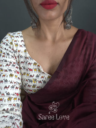 Maroon Saree With Camel Printed Blouse