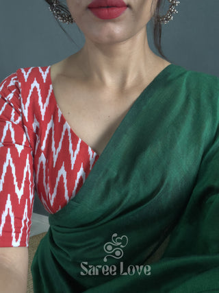 Green Saree With Red Zigzag Print Blouse