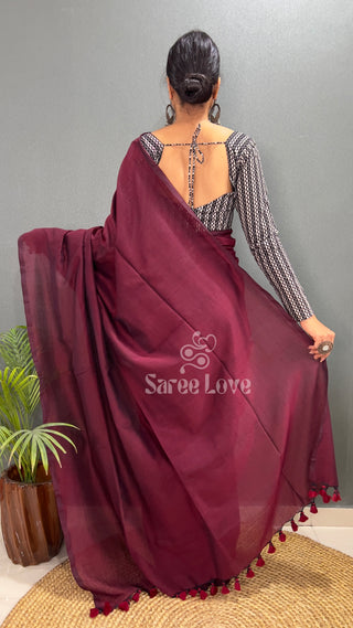 Dark Marun Saree With Printed Blouse