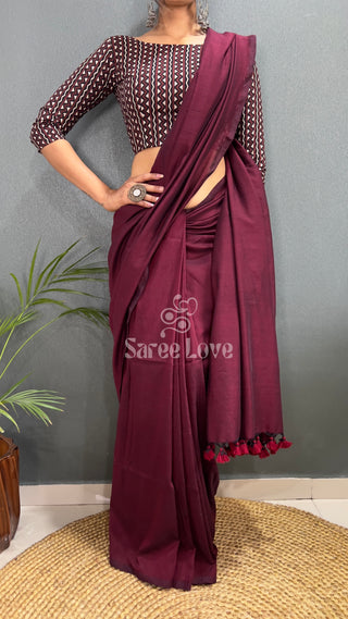 Dark Marun Saree With Printed Blouse