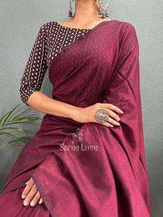 Dark Marun Saree With Printed Blouse