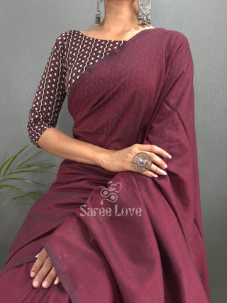 Dark Marun Saree With Printed Blouse