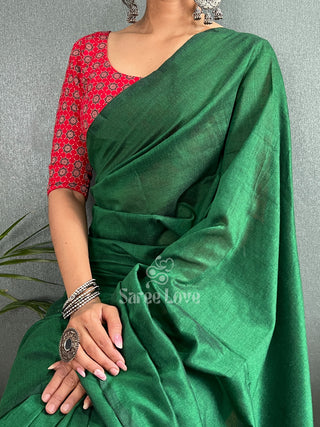 Green Saree With Flower Print Blouse