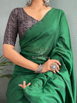 Green Saree With Black Print Blouse