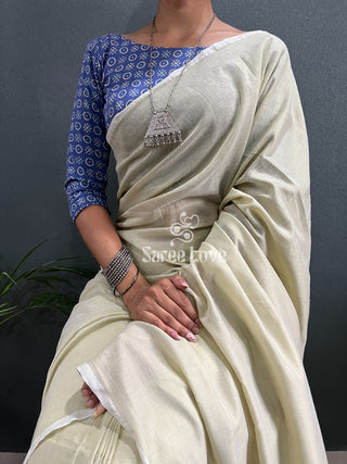 Off White Saree With Blue Printed Blouse