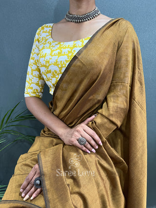 Gold Cotton Saree With Yellow Printed Blouse