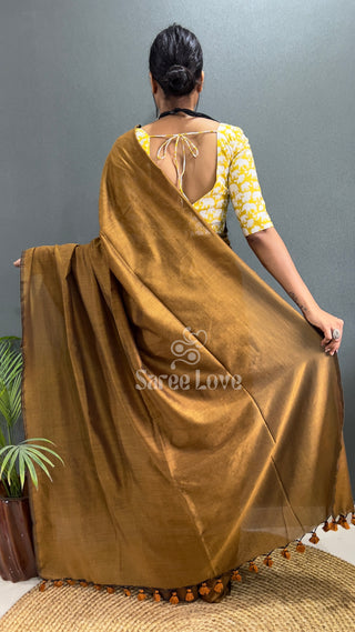 Gold Cotton Saree With Yellow Printed Blouse