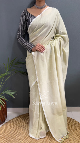 Off White Saree With Black Printed Blouse