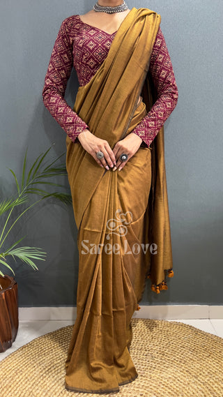 Gold Cotton Saree With Maroon Printed Blouse