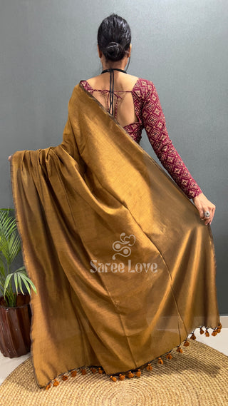 Gold Cotton Saree With Maroon Printed Blouse