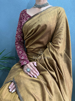 Gold Cotton Saree With Maroon Printed Blouse