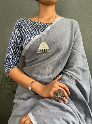 Light Grey Saree With Blue Printed Blouse