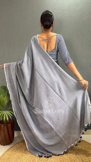 Light Grey Saree With Blue Printed Blouse