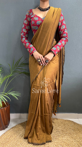 Gold Cotton Saree With Red Printed Blouse