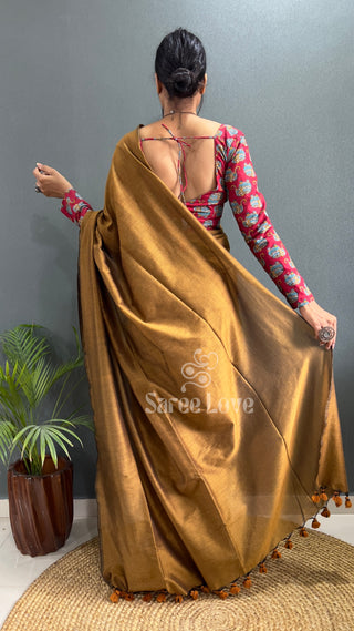 Gold Cotton Saree With Red Printed Blouse