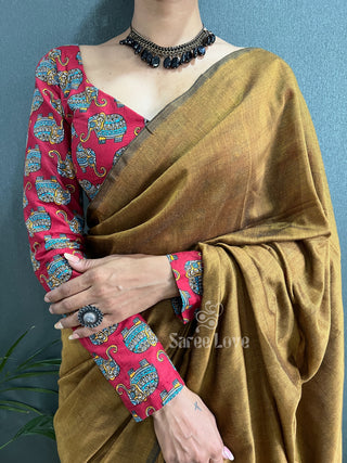 Gold Cotton Saree With Red Printed Blouse