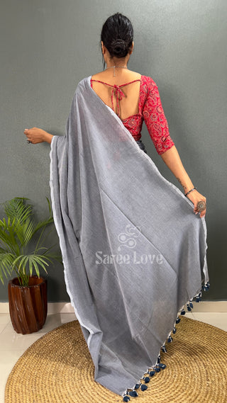 Light Grey Saree With Red Printed Blouse