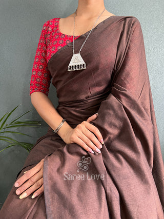 Brown Saree With Red Flower Print Blouse