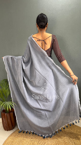 Grey Saree With Abstract Print Blouse