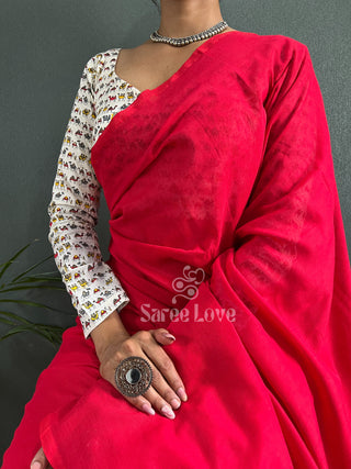 Red Saree With Camel Print Blouse