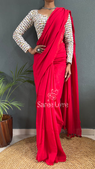 Red Saree With Camel Print Blouse