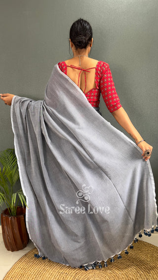 Grey Saree With Red Flower Print Blouse