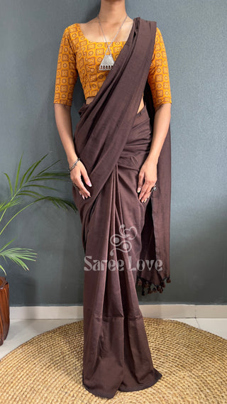 Brown Saree With Yellow Printed Blouse